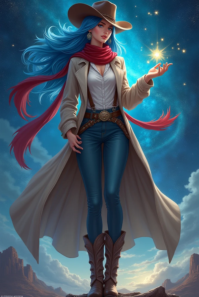 I would like a tall woman with blue hair with lighter tips, star-shaped earrings, starry eyes, makeup, very beautiful, a red scarf, a cowboy hat with one side folded, a light trench coat, suspenders underneath and a dress shirt, pants, boots, stars in her hands, constellations behind her. I would like it to be in a mature style, with the art in a fantasy and RPG style set in the Old West.