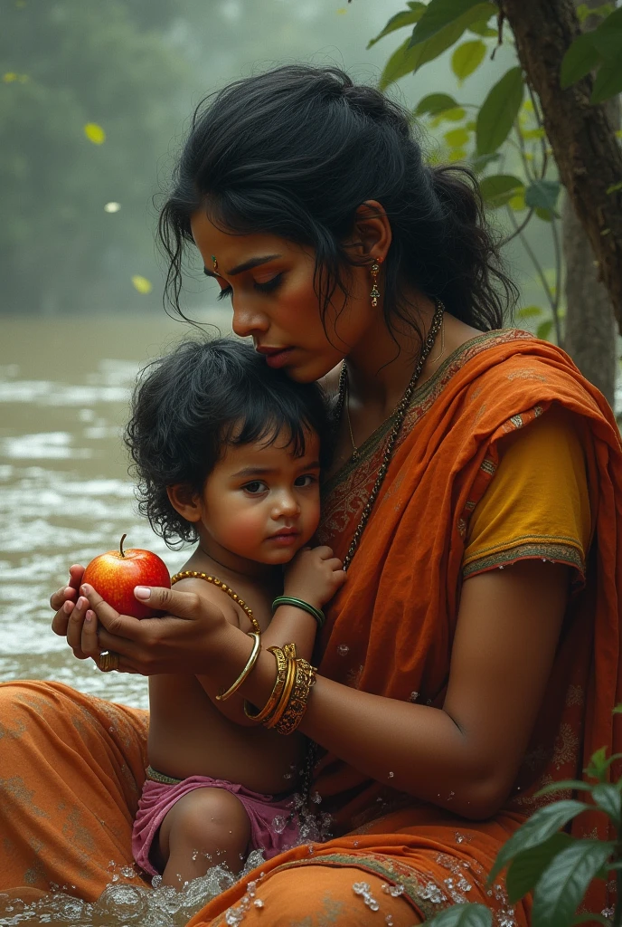 মা বন্যার পানি থেকে ভেসে আশা ফল ছেলে কে খাওয়ালো