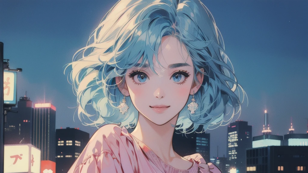 whole body、Kind Face、1 pretty woman、4k、Detailed Hair、smile、Short light blue hair、Faint lighting、Tokyo, night、downtown、