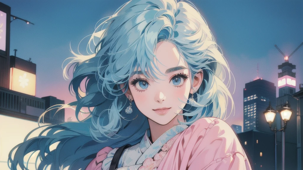 whole body、Kind Face、1 pretty woman、4k、Detailed Hair、smile、Short light blue hair、Faint lighting、Tokyo, night、downtown、
