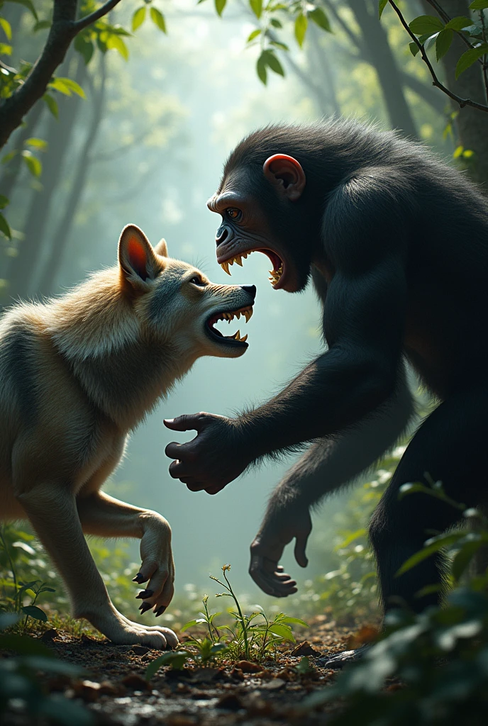 create a realistic image of a chimpanzee fighting a gray wolf in the middle of a jungle