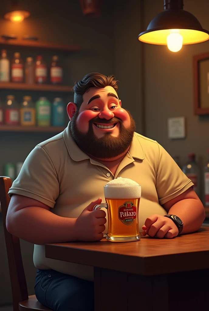 A chubby guy holding a mug of PALLAZO brand draft beer at a bar table