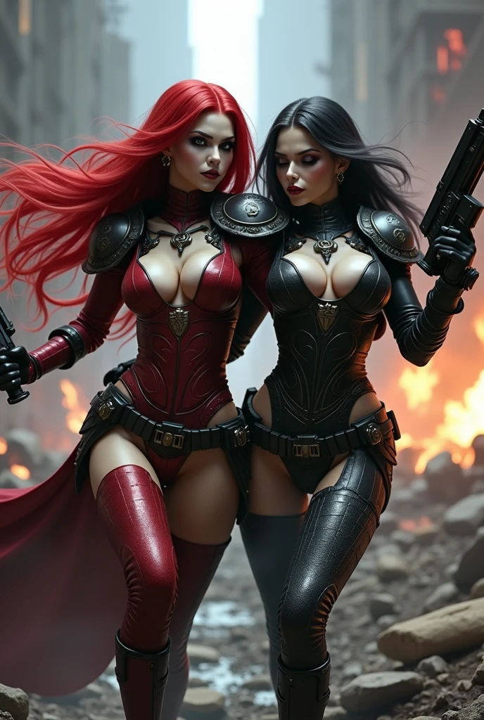 Full body pose Angelina Jolie, Jennifer Saunders, sexy sisters of battle from the warhammer 40k, shooting at the enemy, red space marine armor with intricate details, white space marine armor with intricate details, symbols on the armor, sisters of battle, warhammer 40k, Massive exposed silicone breast, pale skin, seductive, temptation, eat your soul, clevage, long red flowing hair, long black flowing hair with purple highlights, heavy gothic makeup, at night, neon, beautiful detailed eyes, beautiful detailed lips, extremely detailed eyes and face, long eyelashes, highly detailed armor, intricate futuristic weaponry, dramatic lighting, cinematic composition, muted color palette, gritty and realistic, mecha, science fiction, hyper-detailed, photorealistic, award winning digital art, 8k, HDR, masters work, in the middle of a battle field, full body combat action pose, explosions and fire around, full war, stunning, Stilleto heels, high heels, full body pose, cinematic, movie trailer, final stand!, nemesis, ready to strike, dust and debree, combat screams, attacking, shooting at the enemy, running forward, last line of defense, charging, fanatic, religious, templar knights, sisters of battle, warhammer 40k, shooting at the enemy, bimbo gigantic exposed breast, jetpacks, space marine, stilleto heels, cinematic light, cameltoe pussy, beautiful pussy, wet pussy, wet body, oiled body, gigantic breast, dynamic super sexy combat action pose