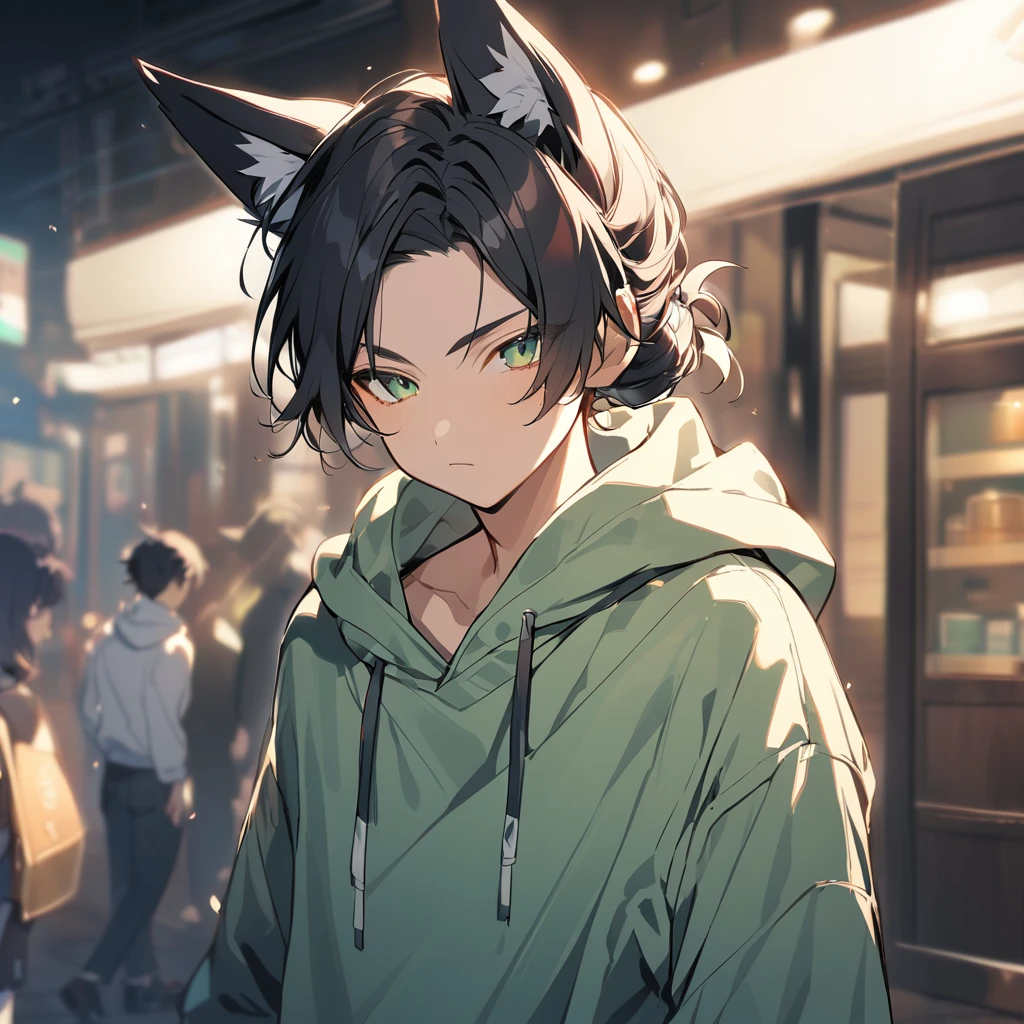 Man, black hair, green eyes, fox ears, hair tied in a bun, hoodie