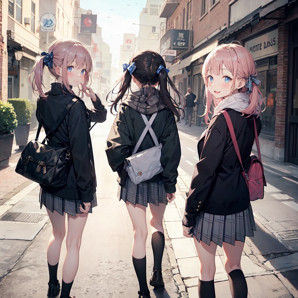 finely isetaileis illustration, Highest quality, masterpiece, Bright colors,、cute、幸せなsmile、Beautiful background,Long Hair, View your viewers, blush, smile, Open your mouth, bangs, blue eyes, plural, skirt, Pink Hair, shirt, Pink Hair, Long sleeve, bow, Blue eyes, very Long Hair, , Are standing, Jacket, white shirt, :is, Sweat, pleateis skirt, Outdoor, Open clothes, shoes, isay, shoes下, Striped, collareis shirt, 挙手してくisさい, Three Girls, bag, scarf, reis bow, open Jacket, black Jacket, V-shaped eyebrows, Sleeves are longer than the wrist, parteis bangs, Plaid, Knee-length, nose blush, Plaid skirt, Brown footwear, flying Sweatisrops, blazer, cardigan, loafers, grey skirt, school bag, Striped bow, isiagonal stripes, station、 (From the back:1.5)