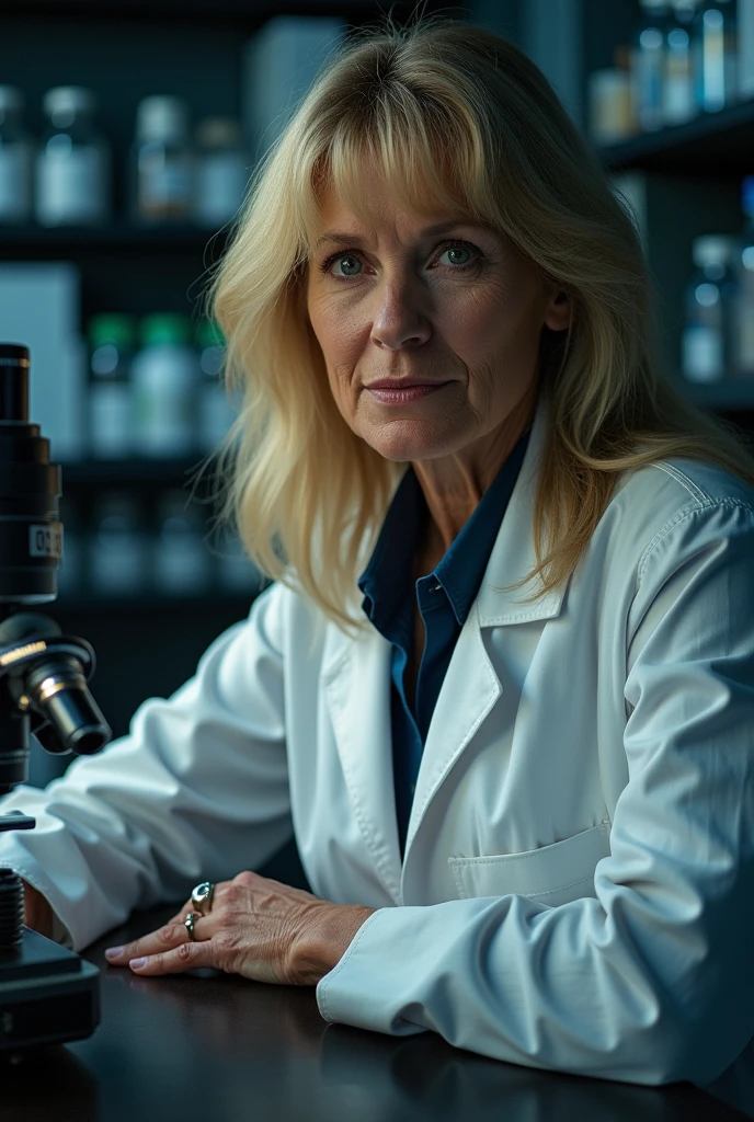 Create an image of the future me after 30 years of working as a forensic expert solving crimes , I&#39;m blonde 