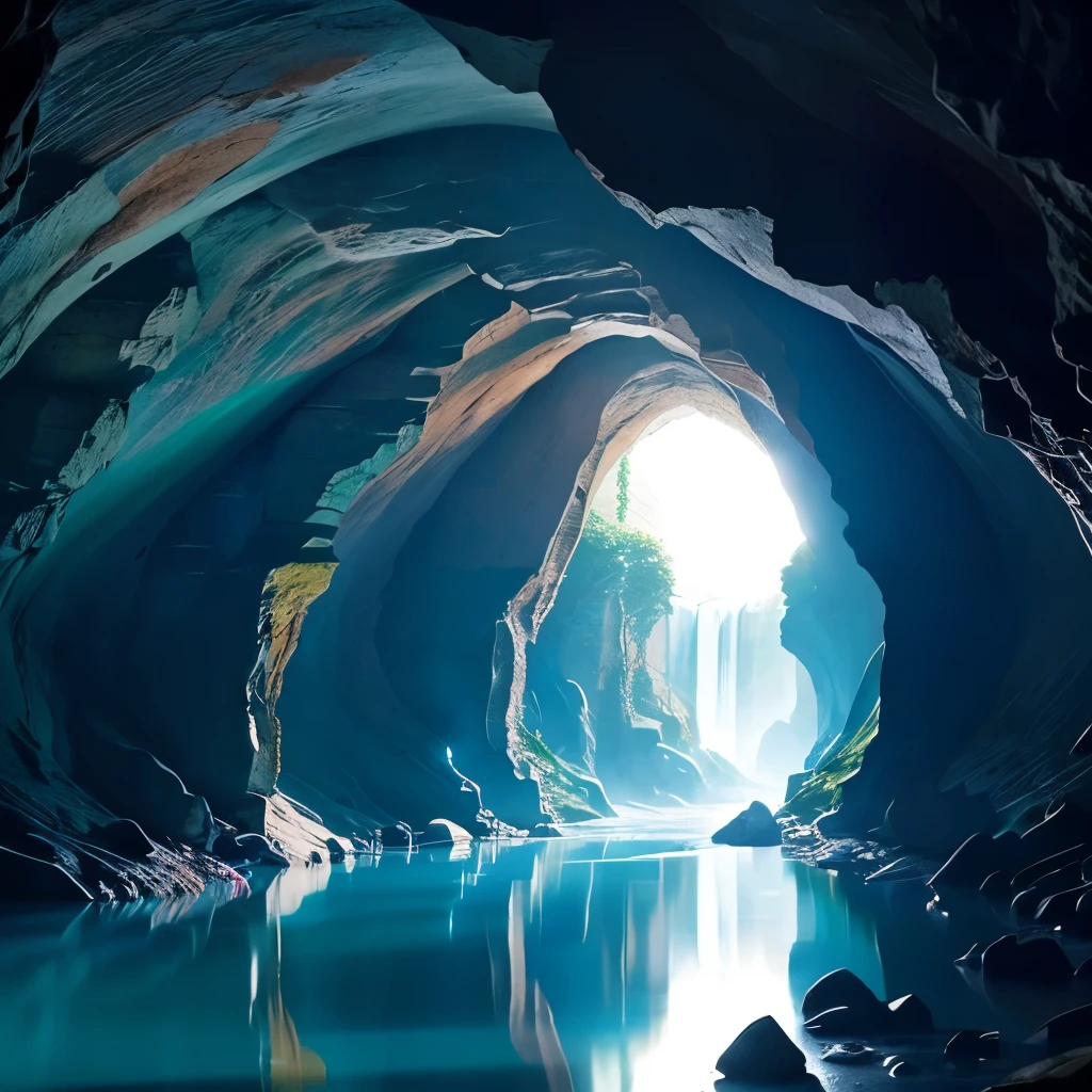 there is a river with a tunnel in the middle of it, mystical forest lagoon, beautiful and mysterious, waterfall cave, magical cave, stunning nature in background, beautiful place, underground lake, japan nature, extremely beautiful and ethereal, really beautiful nature, magical environment, very close to real nature, cave with waterfall, incredibly beautiful, beautiful nature, water everwhere fantasy