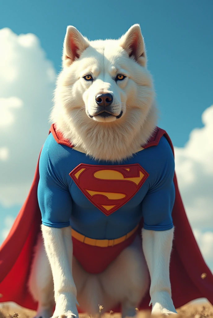 A big white dog in a superman suit
