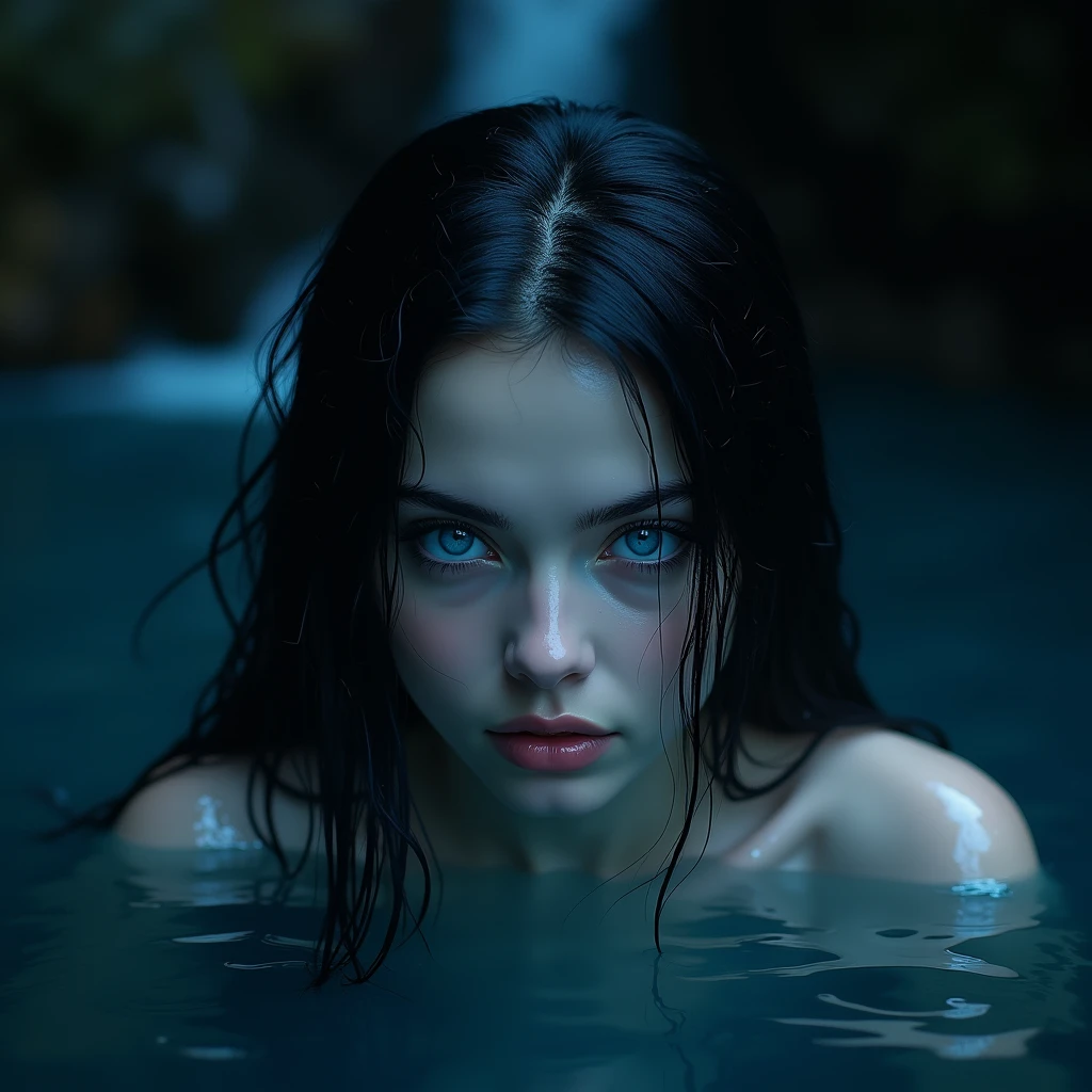 Beautiful bright sapphire blue eyes, the eyes are a beautiful blue, Those eyes are those of a black-haired woman with skin as white as porcelain., She is in a dark waterfall at night, is submerged up to the eyes, letting her beautiful blue eyes show.
