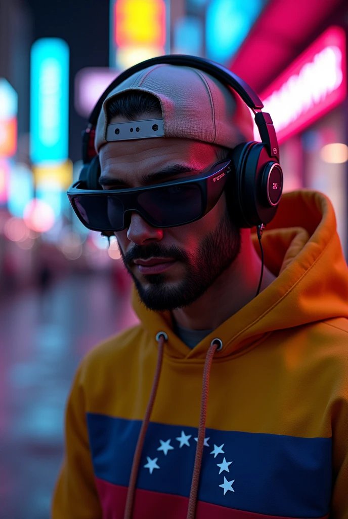 A close up of a bald guy wearing a pair of headphones, with a cap, cyberpunk style. Wearing a hoodie with Venezuela flag color, Venezuela color, neon lights with Venezuelan colors, street wear with Venezuelan colors, wearing futuristic continuous glasses and a small mask. 