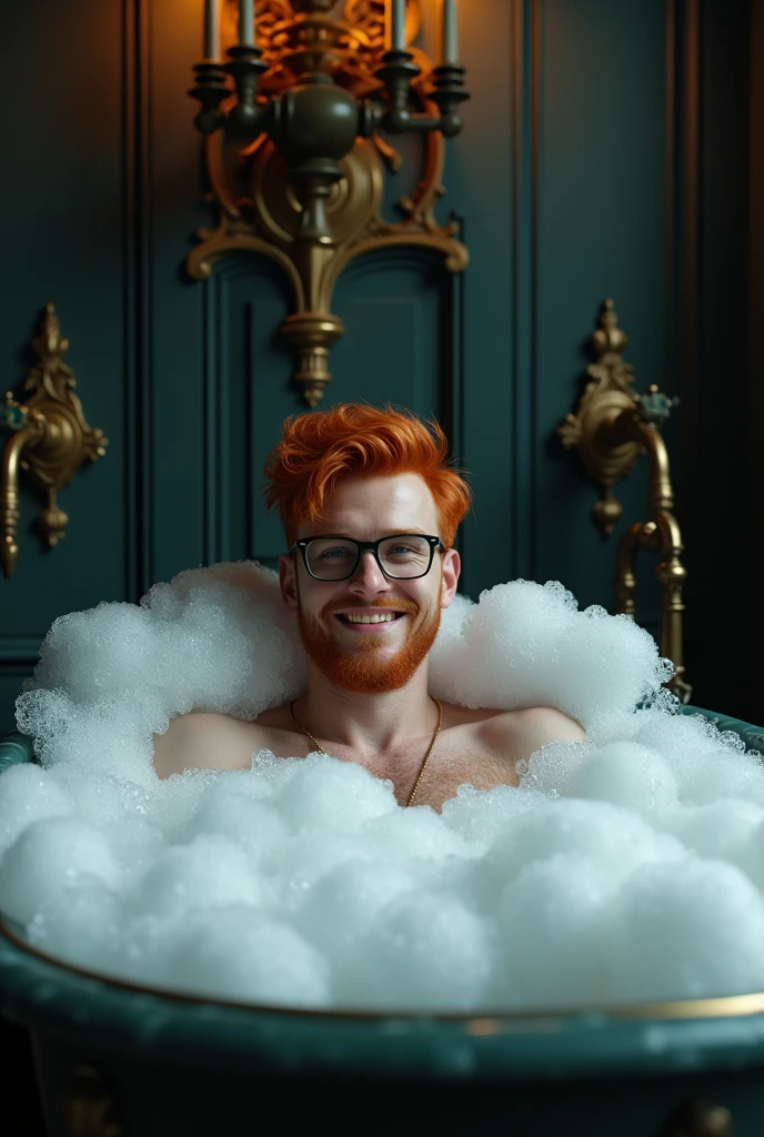 Un bel homme hipster et roux souriant dans un bain de mousse dans une salle de bain gothique