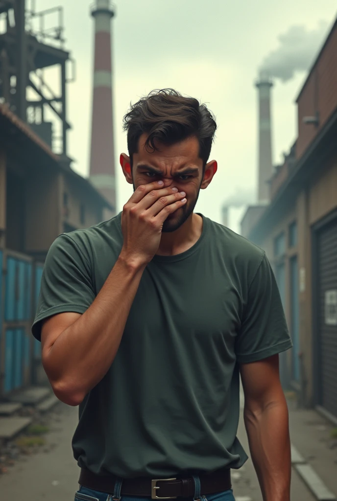 Hi, I want a person covering their nose with a face of disgust because of an offensive smell., that is in an area adjacent to an industrial zone 

