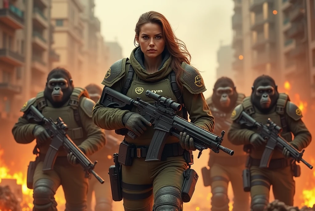 Warrior woman with a gun in a burning city with MYM on her clothing defended by an army of tactical gorillas carrying guns with MYM 