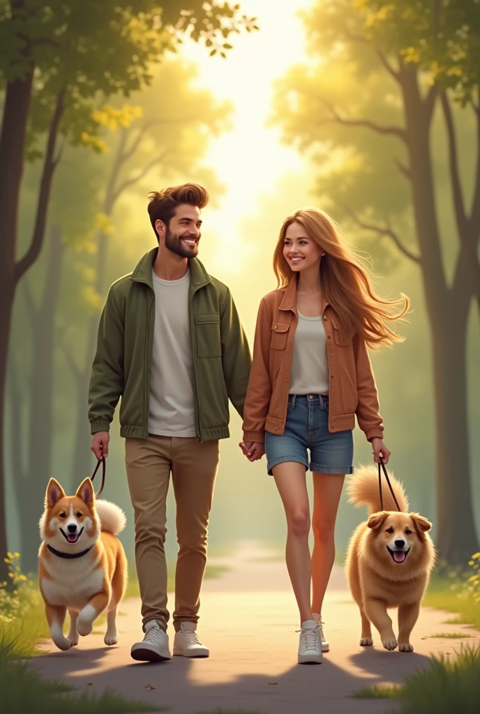 Couple walking dogs