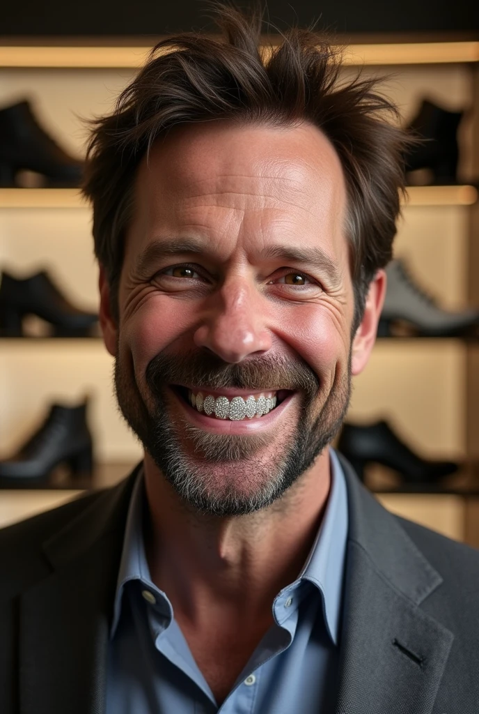 Give me pictures of Dr. Gregory House smiling at the camera with diamond grillz style teeth and in the background he is in an expensive shoe store