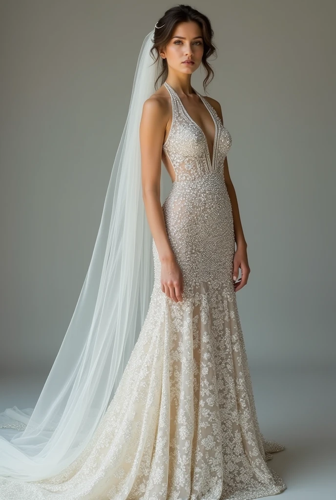 European woman model with hairstyle and veil wearing extremely luxurious halter wedding dress with diamonds. Show the whole dress.