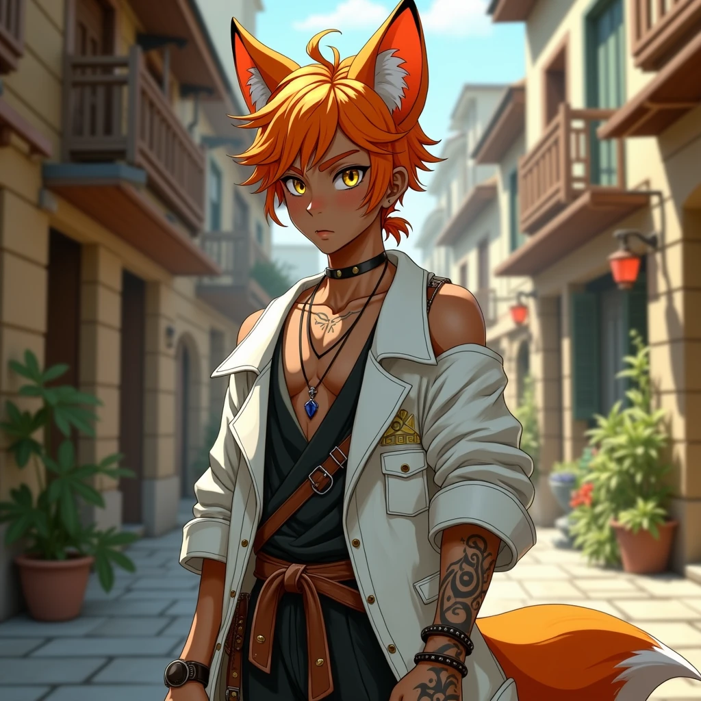 handsome 1 boy with orange medium hair and lower ponytail and yellow eyes and fox ears, dark skin, tribal tattoo, off shoulder white jacket, black sleeveless shirts with crossed body leather belt, leather sandal, necklace, standing on the messy backstreet of medieval city, sunlight, soft focus, high quality, realistic background, adding depth and richness to the scene