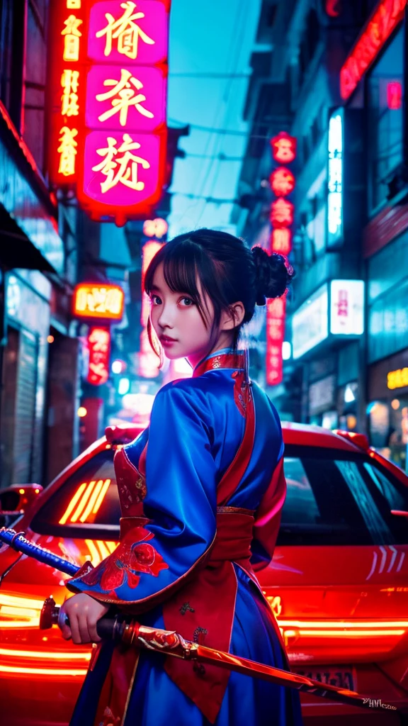 A girl in red Chinese clothing wielding a blue dragon sword。Bun Hair。Background night downtown Shanghai。Neon Signs。Electric spectaculars。Backlight。Art Nouveau。Modern painting。