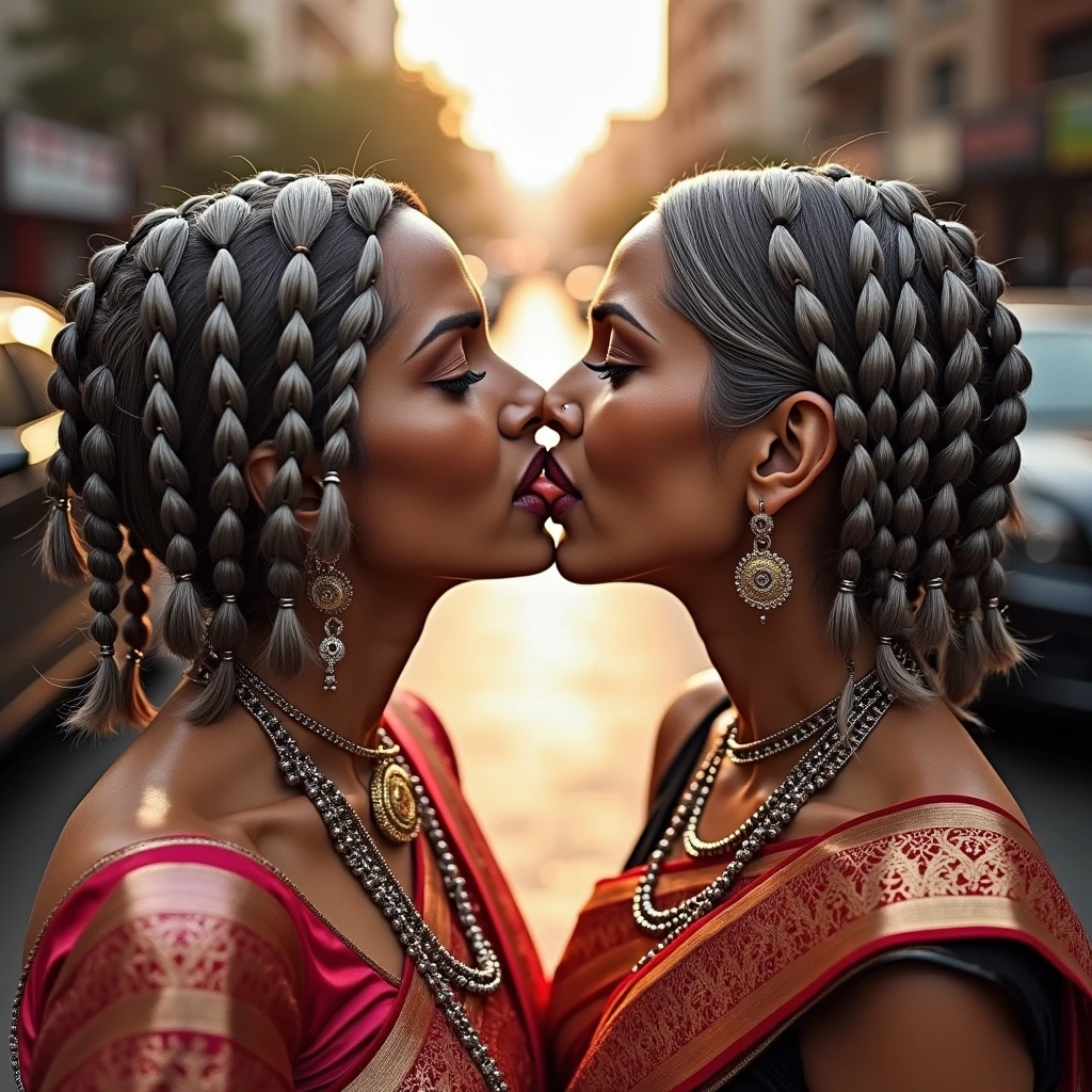 In the road, two mature indain ladies in sarees,kissing,their straight bottom curl bob length hair made in to scalp curl slick multiple small small ponytails are 10 liters of oil poured over their hairs making slick shinning like mirrors,tongues are highly visible,Hairs strictly as per image,Stricly as per the image,