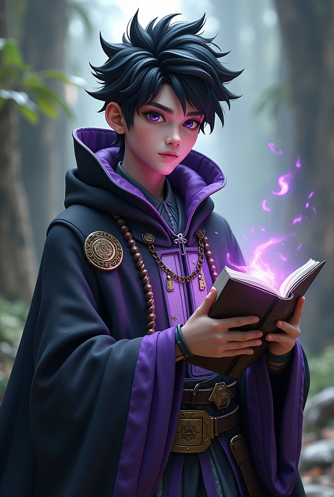 a young man, technological wizard, spiky black hair and dark purple eyes, lined beard, using a technological grimoire, wizard clothes with a technological twist, mixing the colors black, branco e roxo