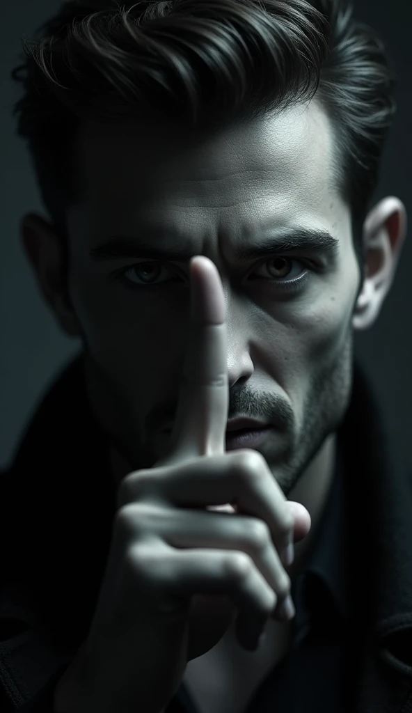 {Digital illustration of a book cover featuring a man with half of his face visible, making a silence gesture with one finger over his lips. The visible part of his face is detailed and expressive, with a mysterious and intense look in his eyes. The art style combines elements of noir and dark cinematic themes, with inspiration from ArtStation and Behance. The background is a dark gradient, adding to the suspenseful atmosphere. The camera captures a close-up view, focusing on the man's face and gesture. Octane render, highly detailed, with dramatic lighting and a monochromatic color palette.}