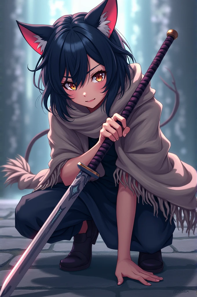 I want an anime character with black hair, cat ears, a scarf, smiling, swords in hand, arms crossed and crouched ready to attack.