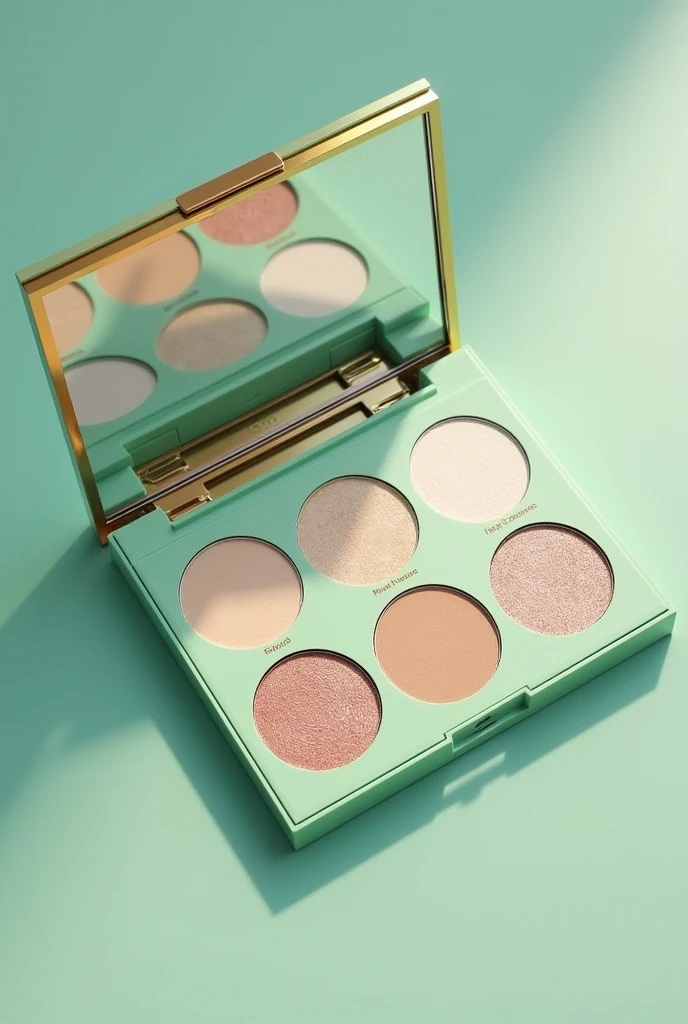 make makeup highlighter with 6 different shades, for a brand called walancy with aqua green and gold packaging