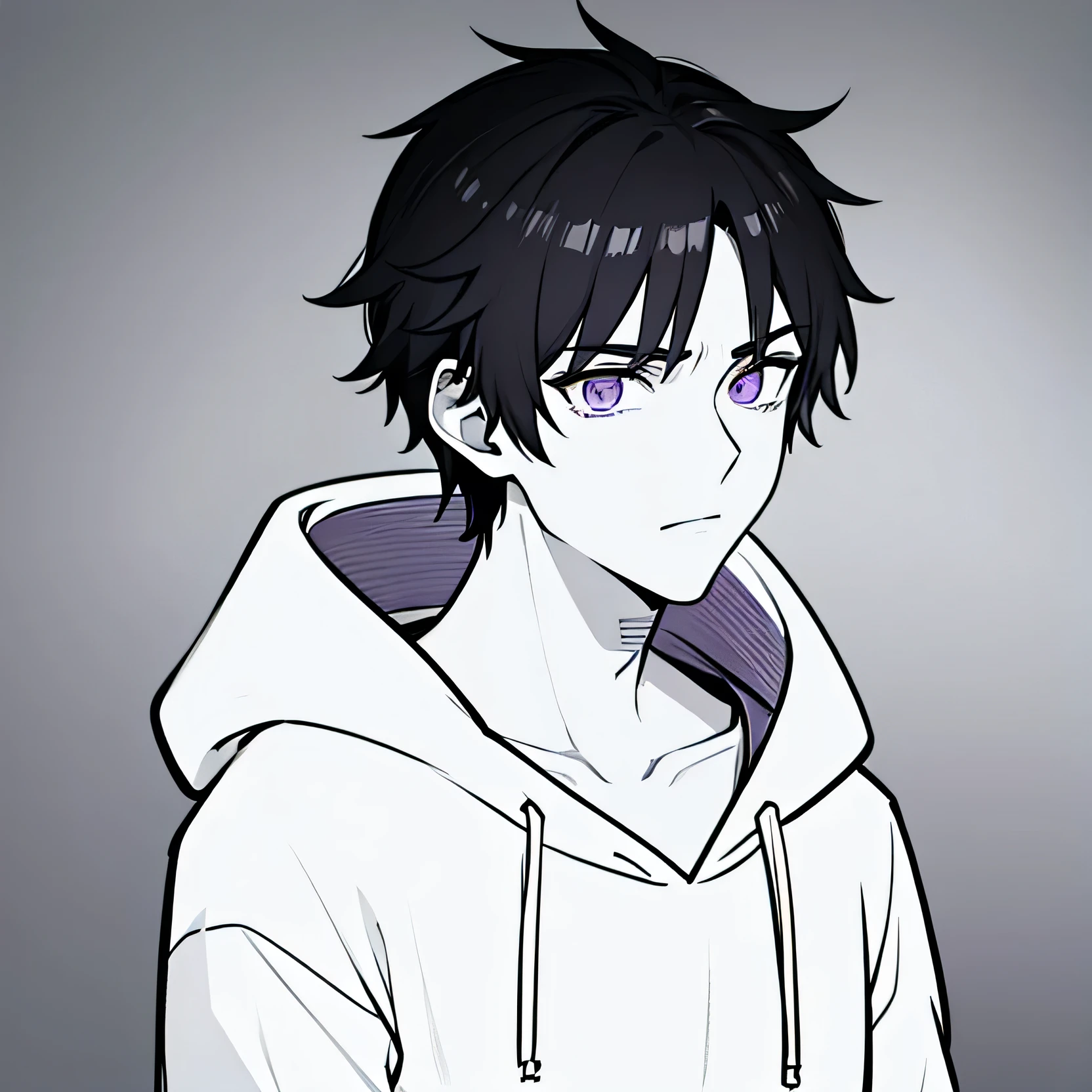 Boy in black hair,in purple hoodie looking aside clear skin,grey background, white skin, standing still,half body,close up