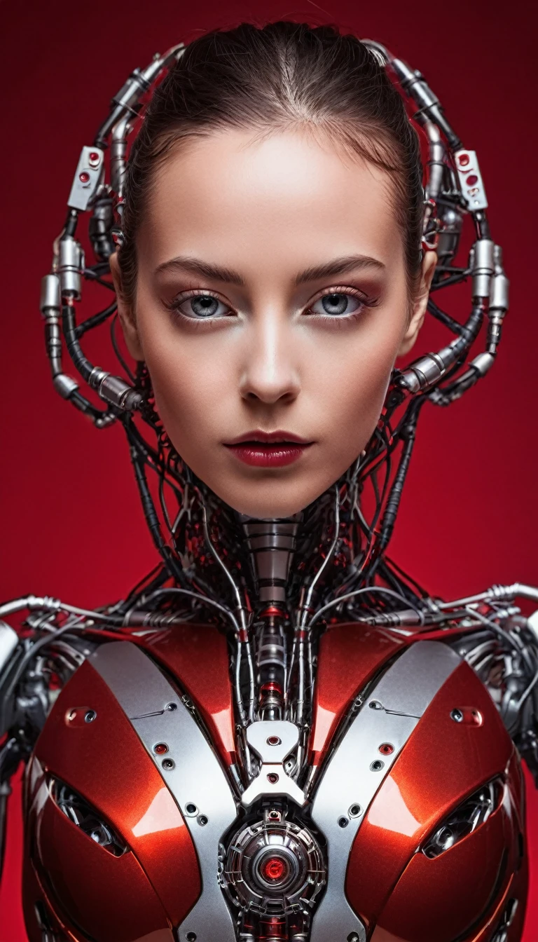 Une photo de face d'une femme cyborg avec le bas du corps d'une araignée métallique , elle a 6 pattes. Fond désertique. Ajouter un côté horreur à l'image et un arrière plan désertique elle marche sur un mars fond rouge sang