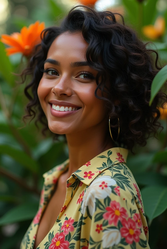 A Brazilian woman in a lush tropical garden, wearing an open shirt with a floral print, with a close-up capturing the harmonious beauty between her breasts and the natural flowers, showing off your natural charm and outgoing personality.