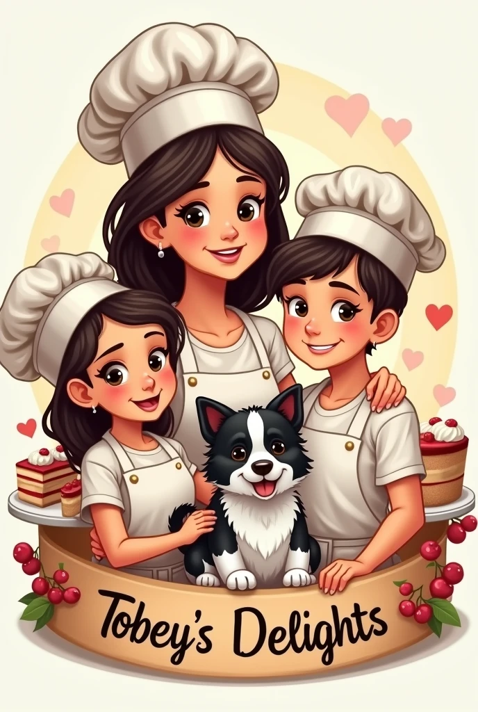 logo of woman with her teenage daughter and with her teenage son and with her baby dog with black head and white body, all with chef hats and surrounded by cakes and with the phrase "Tobey's Delights" in Spanish