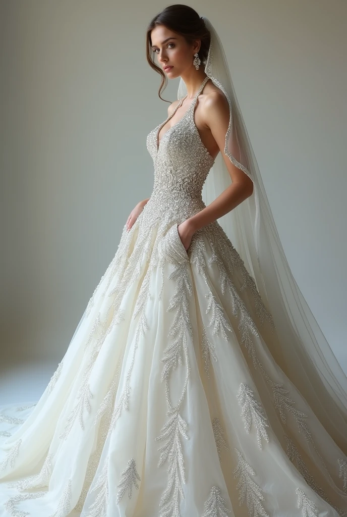 European woman model with hairstyle and veil wearing extremely luxurious halter wedding dress with diamonds. Show the whole dress.