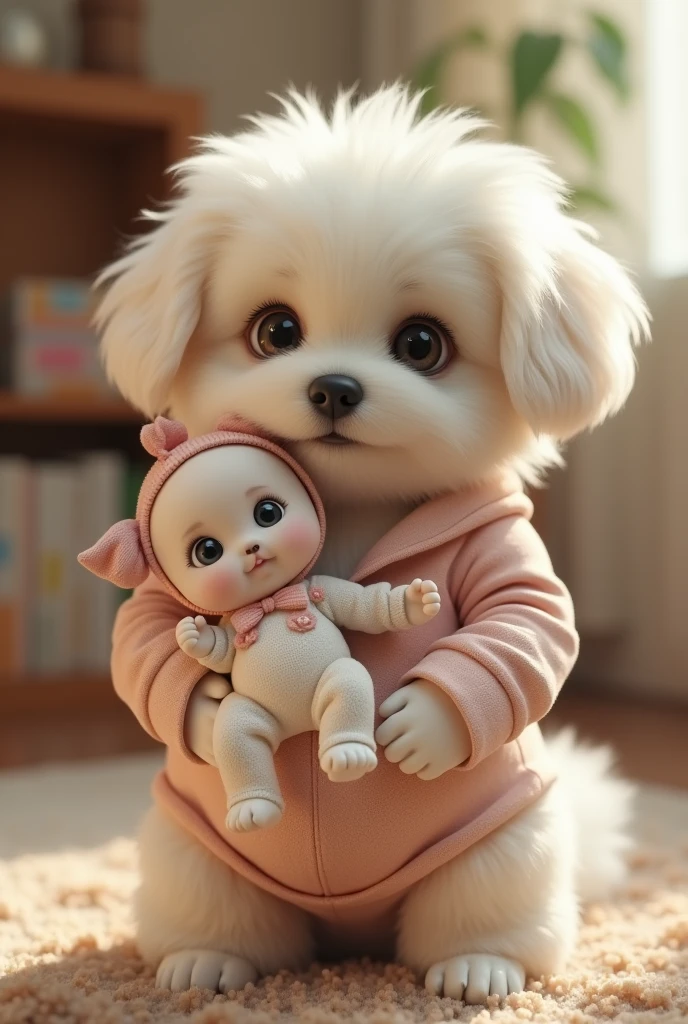 Create a video of a Bolognese dog wearing maternity clothes holding little puppy wearing baby clothes like humans do, realistic, real, high resolution details, full picture like real