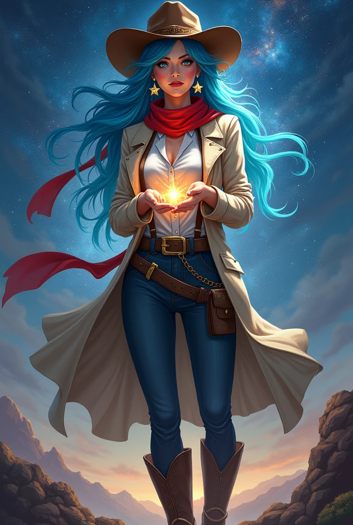 I would like a tall woman with blue hair with lighter tips, star-shaped earrings, starry eyes, makeup, very beautiful, a red scarf, a cowboy hat with one side folded, a light trench coat, suspenders underneath and a dress shirt, pants, boots, stars in her hands, constellations behind her. I would like it to be in a mature style, with the art in a fantasy and RPG style set in the Old West.