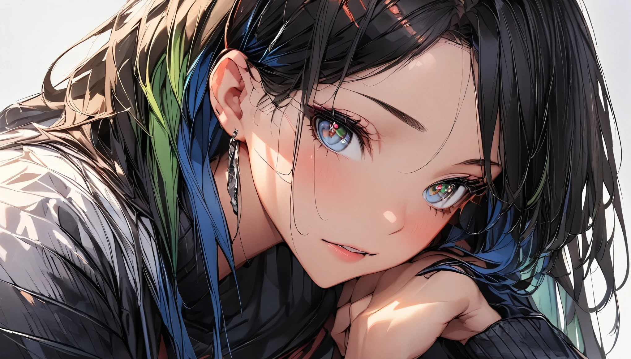 1 Girl, multicoloRed hair, Colored undercoat, Black Hair, Red hair, Blue Hair, Green Hair, Symbol-shaped pupil, Super Detail, High Detail, high quality, The award-winning, best quality, high resolution