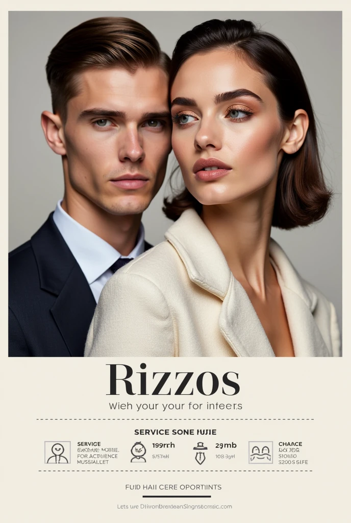 Create a sleek and modern promotional design for a unisex aesthetic called &#39;Rizzos&#39;. The design must include two high-quality images showing a man&#39;s and a woman&#39;s hair in well-groomed styles.. The design must contain the service schedule information, which is 12:00 pm a 9:00 pm. You should also list the services that the beauty salon offers.: Hairstyles, dyes, straightening, hair removal, permanent and chinese. The design should be attractive and professional, using a color palette that reflects the style and sophistication of the aesthetic."