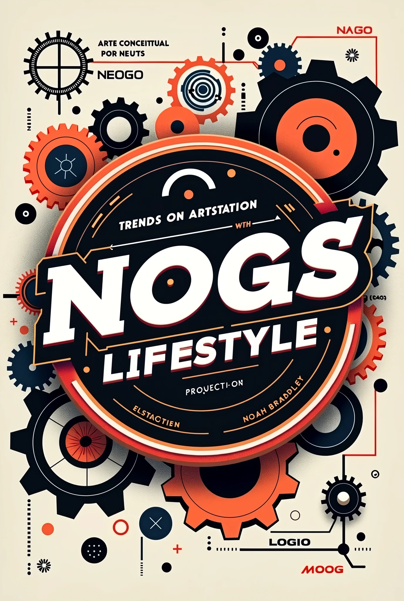 a close up of a sign that says Nogs Lifestyle, arte conceitual por Nick Fudge, trends on ArtStation, neogeo, nagas, next generation, logos, Logotipo redondo, no fog, moog, logo, logo, logo art, Noah Bradley. sharp focus, negao, gears, Low resolution, no ears, illustrated logo