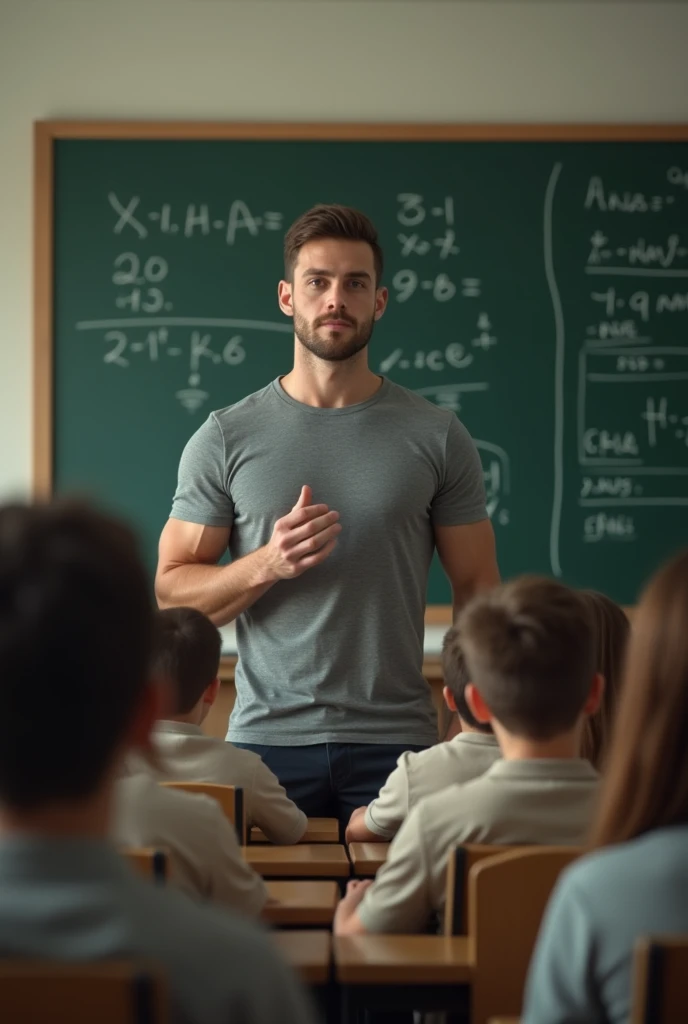 white man of average build, Strong and young man without a beard and wearing a tight shirt teaching maths in a school in front of the blackboard and the students can be seen sitting there paying attention