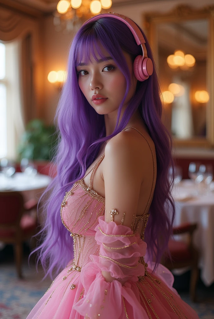 Korean purple hair butterfly woman with headphone and pink dress shiny shiny transparent gold decoration restaurant background full body perfect body