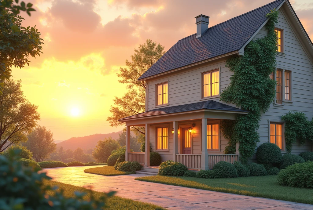 House, two floors, cream paint, ivy on an exterior wall, plain, Sunset, Beautiful.