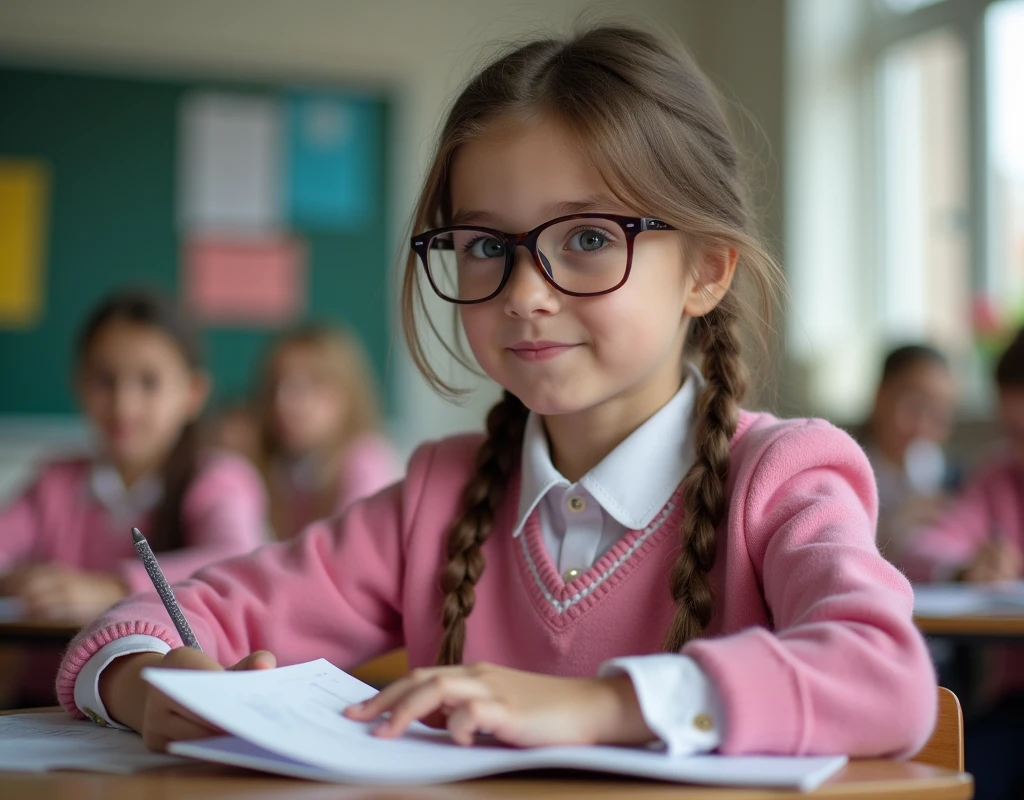 Developing cultural and intellectual skills, education according to the curricula prescribed for students ,  receiving information in the classroom, a close-up picture of a swedish  student with glases wearing a  pink uniform  sitting on a school desk, performing school assignments