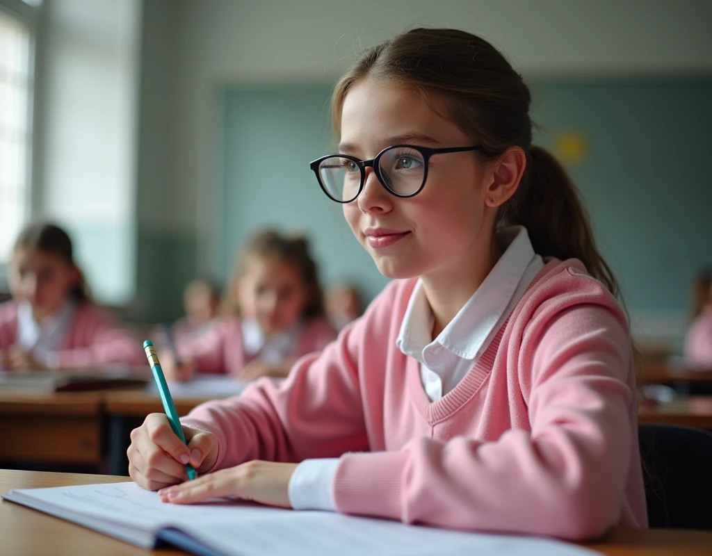 Developing cultural and intellectual skills, education according to the curricula prescribed for students ,  receiving information in the classroom, a close-up picture of a swedish  student with glases wearing a  pink uniform  sitting on a school desk, performing school assignments