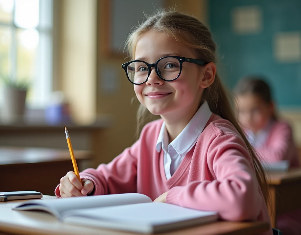 Developing cultural and intellectual skills, education according to the curricula prescribed for students , receiving information in the classroom, a close-up picture of a swedish student with glases wearing a pink uniform sitting on a school desk, performing school assignments