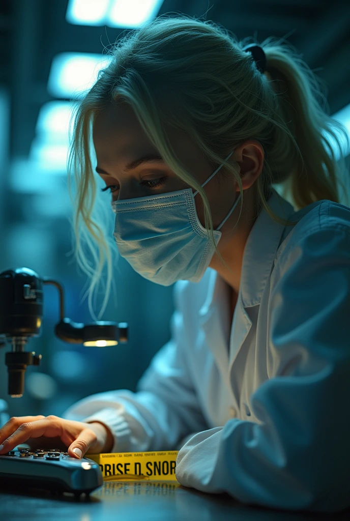 Create an image of the future me, 2, practicing my profession as a crime scene expert , I'm blonde