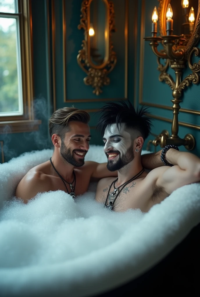 Handsome hipster and goth punk man smiling in a bubble bath in a gothic bathroom 