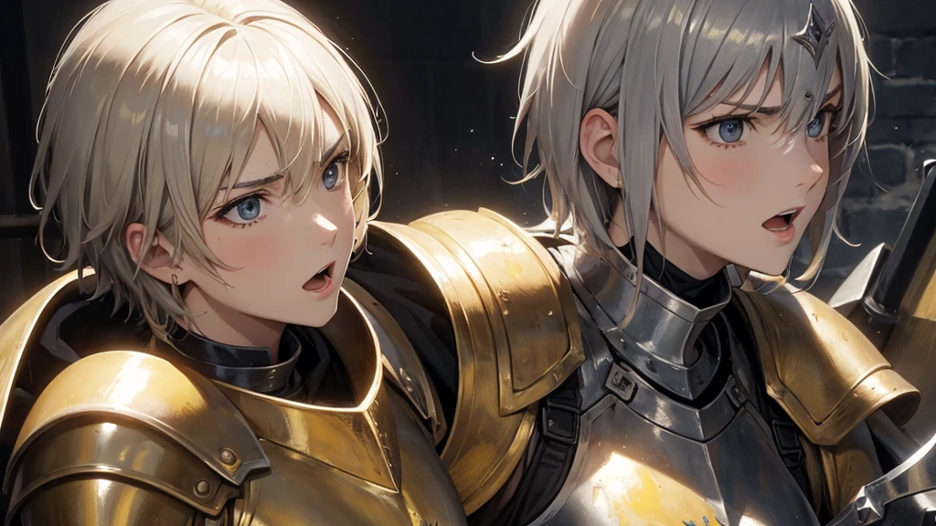 oil painting look, Jeanne d'Arc, yellow short hair, silver armour, face closeup, shout aloud with open mouth, angry, outside, run