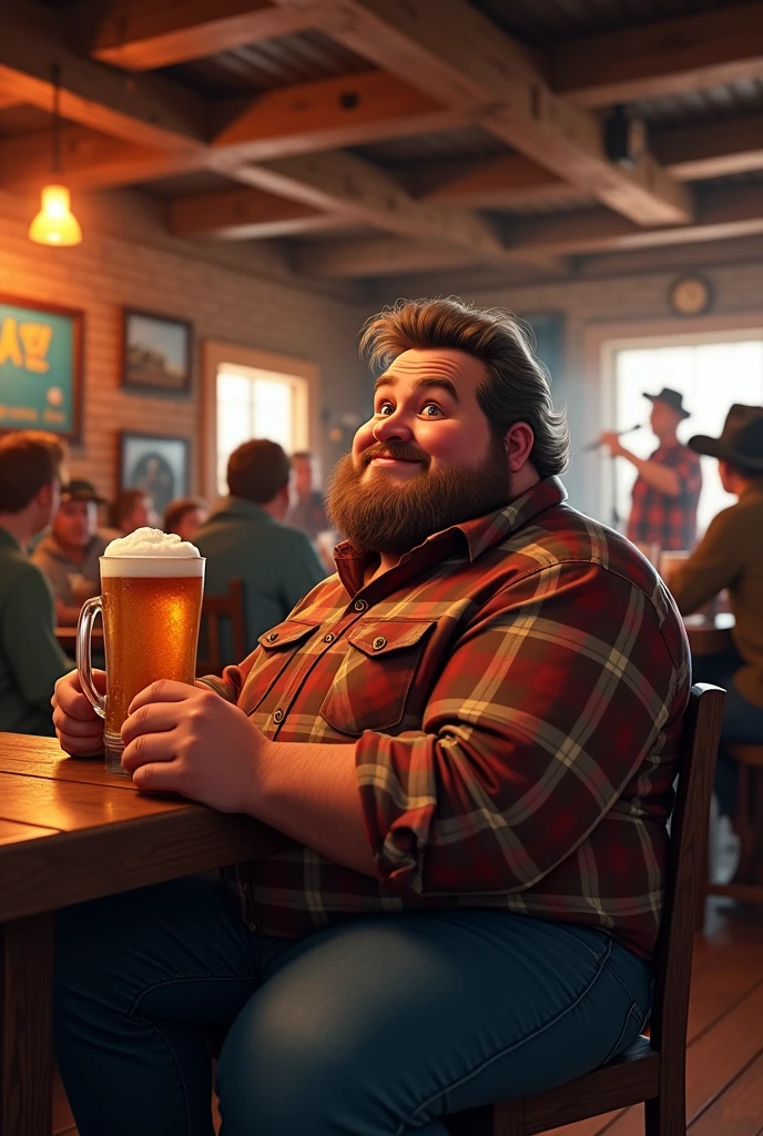 A chubby guy holding a mug of beer at a bar table and watching a country music show