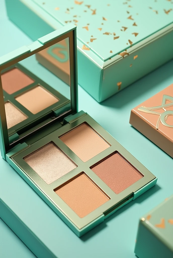make makeup highlighter with 6 different shades, for a brand called walancy with aqua green and gold packaging