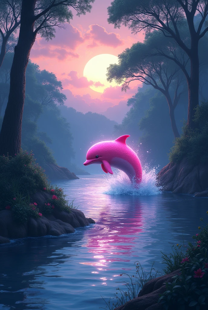Scenario: The banks of the Caeté River at dusk, with the river shining and surrounded by the forest.
illustration: A pink dolphin, surge no rio, with a mystical aura around you.