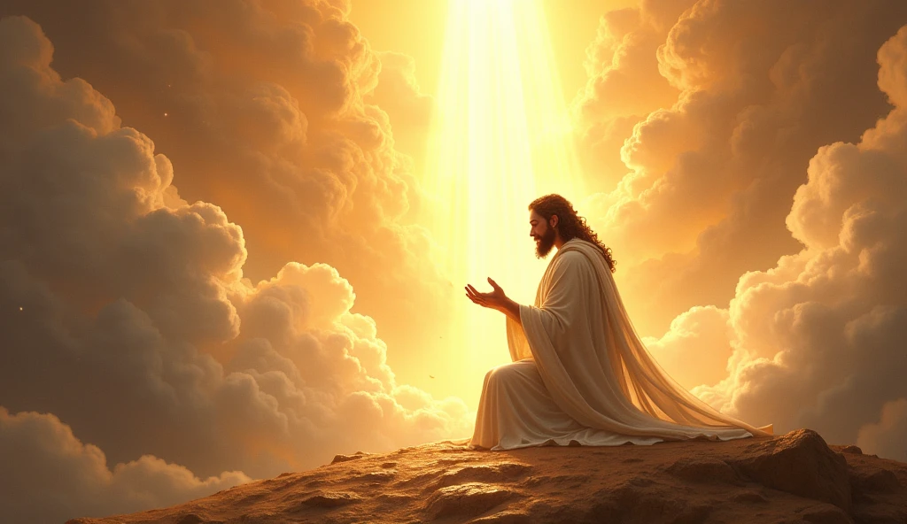 A representation of God making a covenant with Abraham, with divine light descending upon them. Abraham is kneeling, with an expression of devotion. the background is heavenly, with clouds and rays of golden light. The colors are light and ethereal.